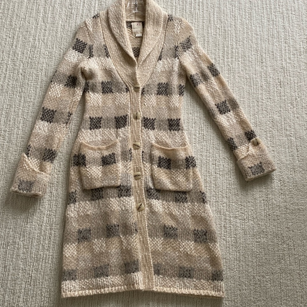 Sweater coat.  Xs. By far away from close from Anthropologie’s.  Tan plaid.